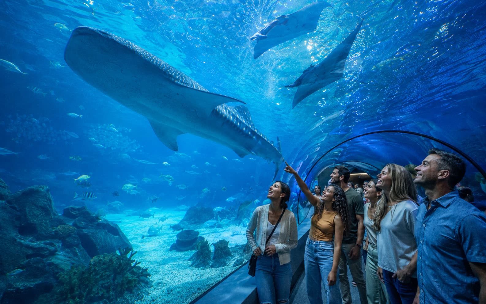 Visitors watching a whale shark inside a large aquarium tunnel