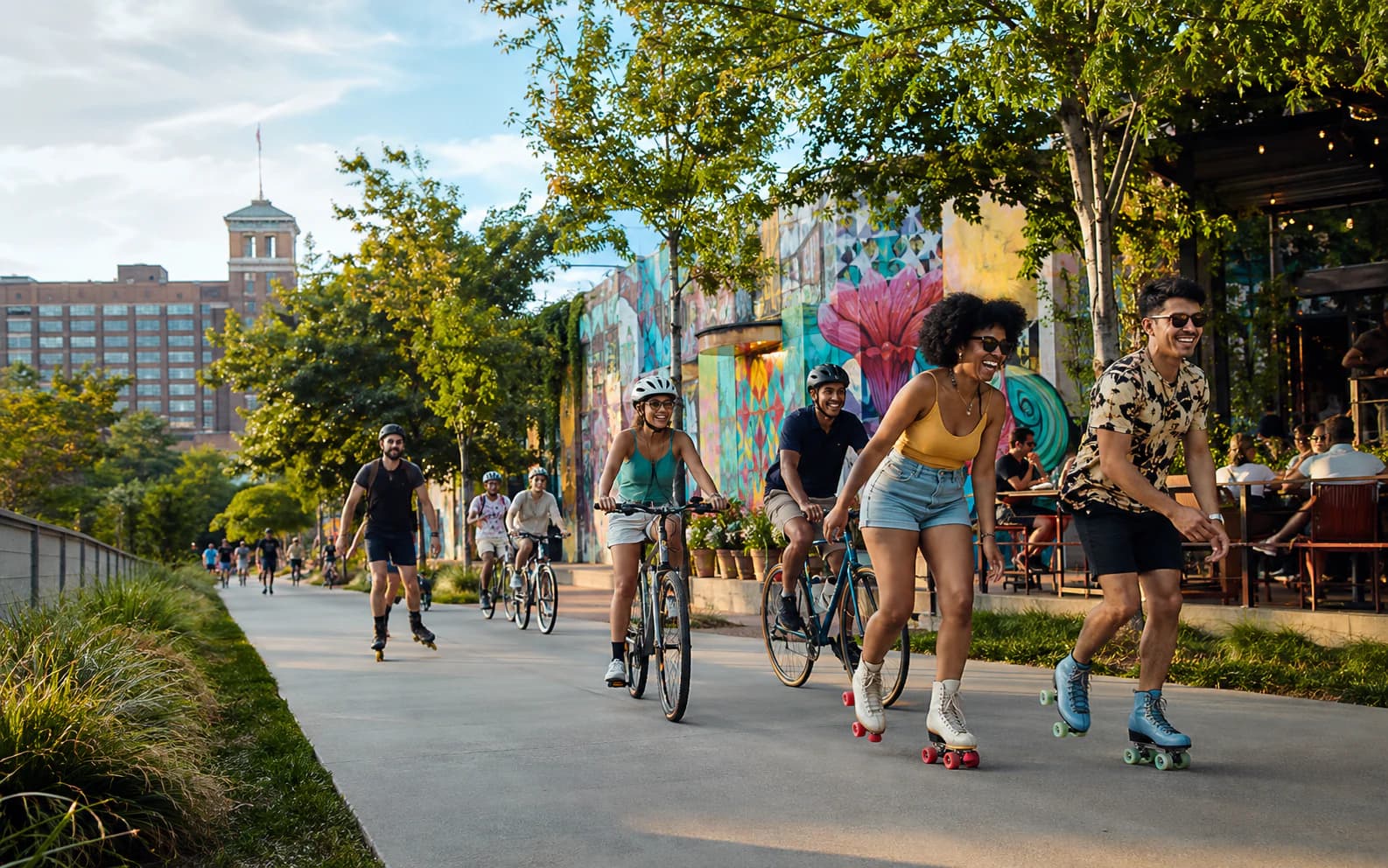 Friends cycling and skating beside murals on the Atlanta BeltLine