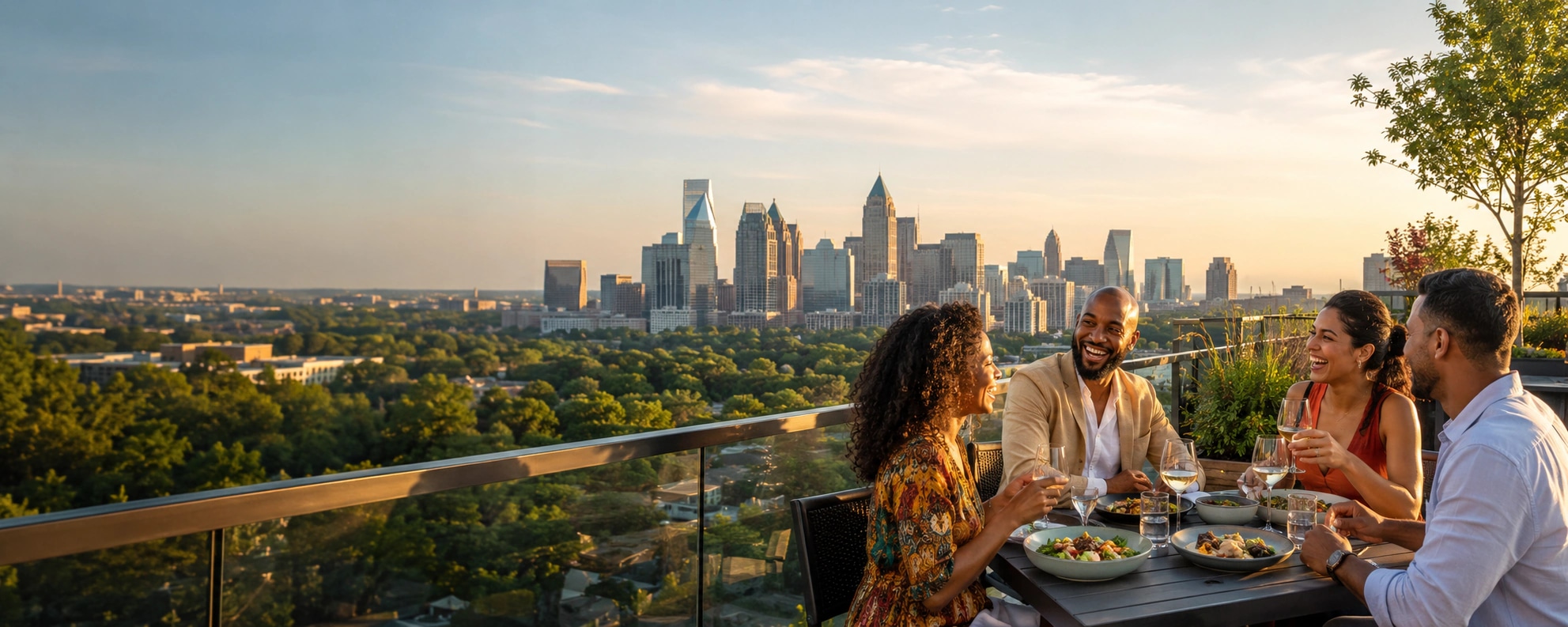 Friends enjoying dinner on an Atlanta rooftop at sunset