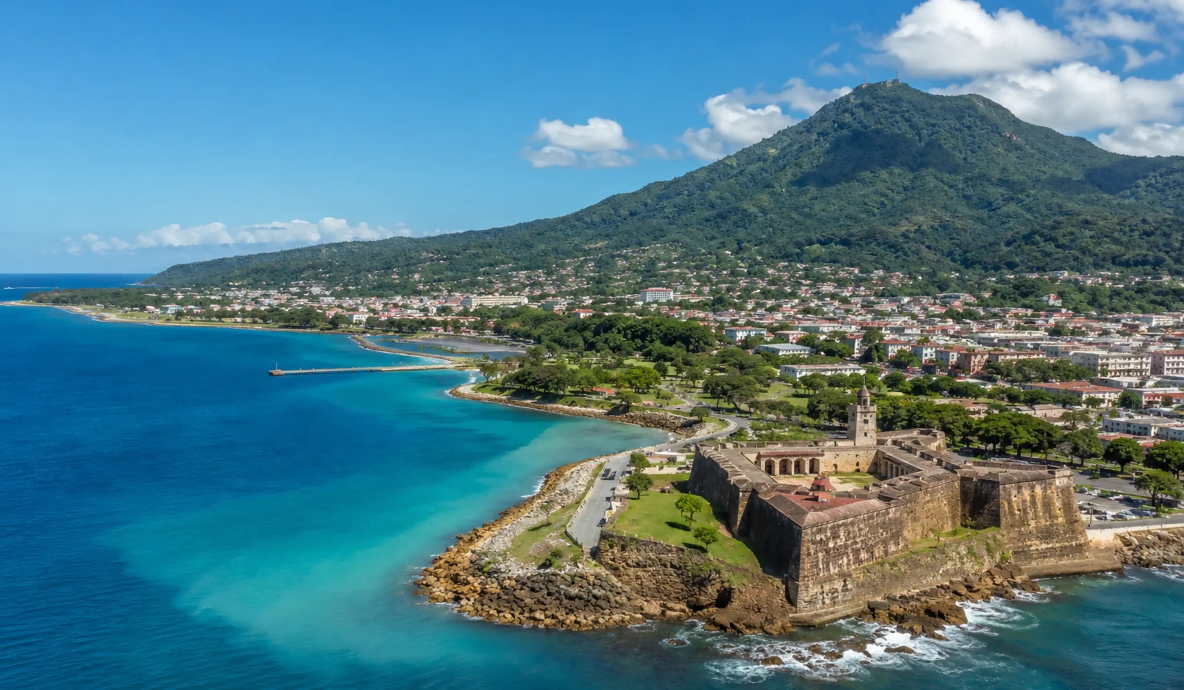 Aerial view of Puerto Plata, San Felipe Fortress and Mount Isabel de Torres